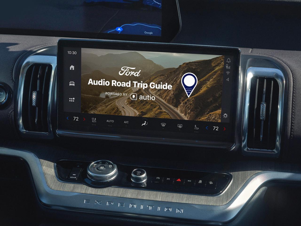 Ford Expedition touchscreen showing Ford Audio Road Trip Guide, powered by Autio.